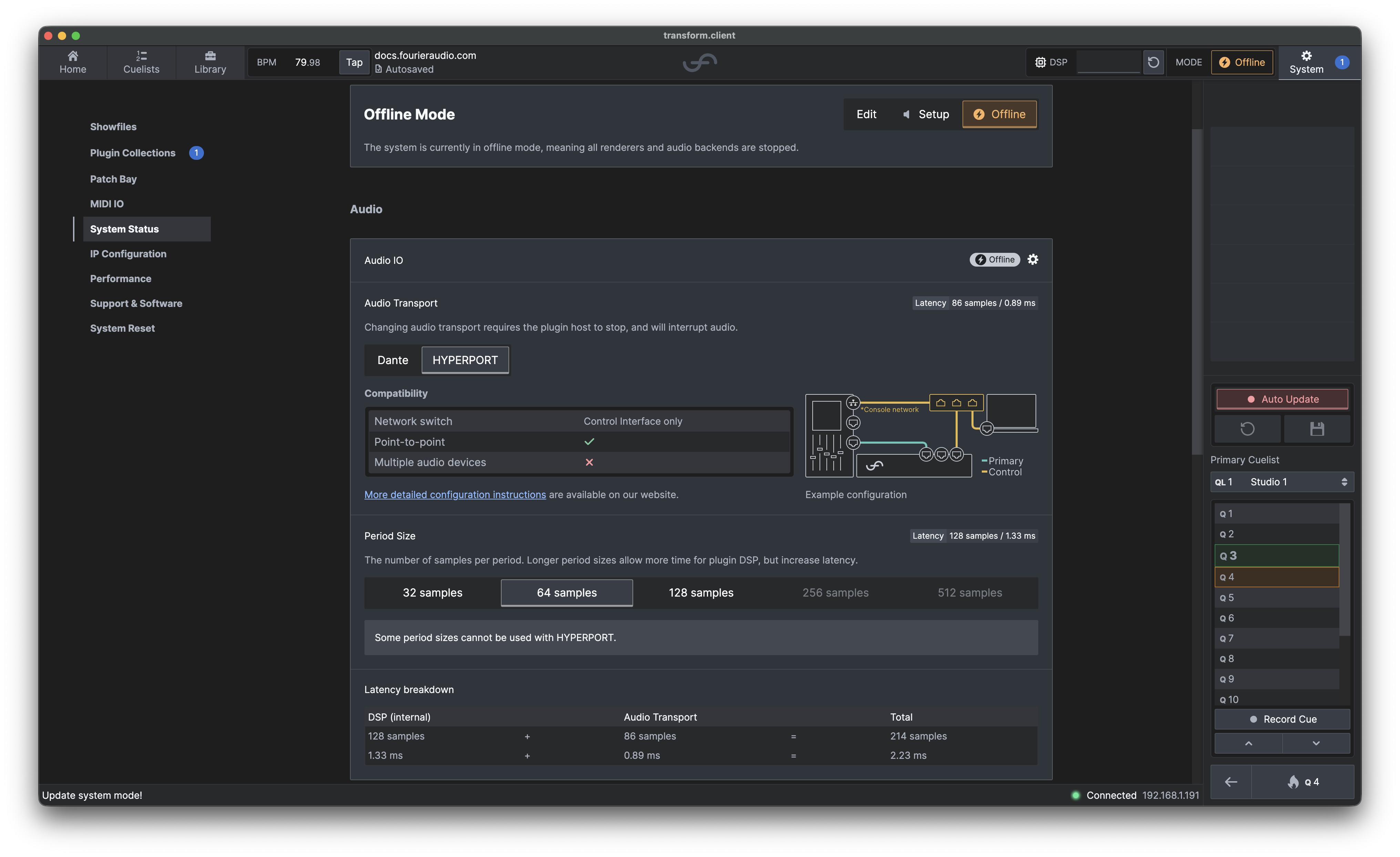 HYPERPORT selected in Offline Mode with a 64-sample period and unsupported period sizes disabled.