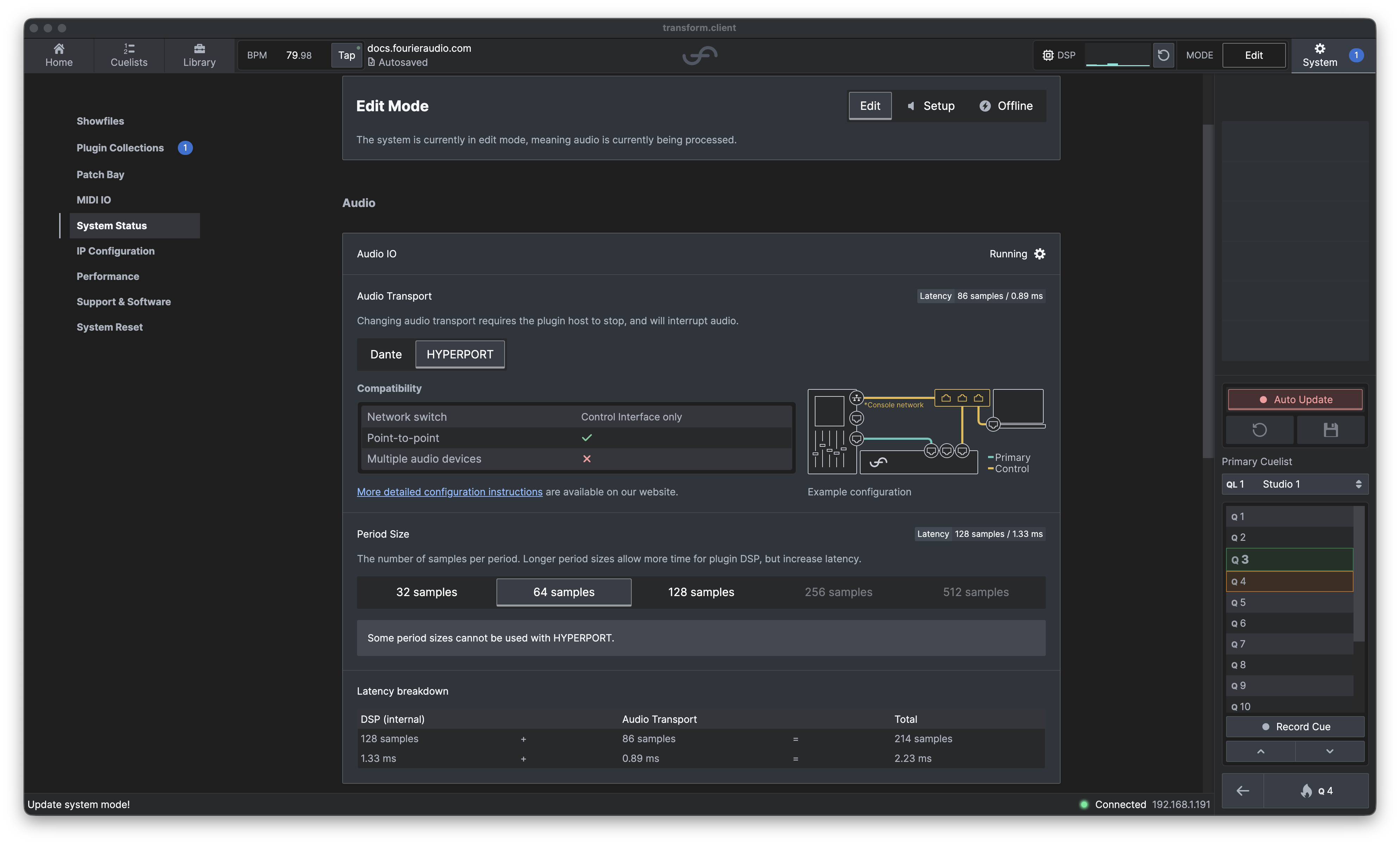 HYPERPORT in Edit Mode with Audio IO showing Running.
