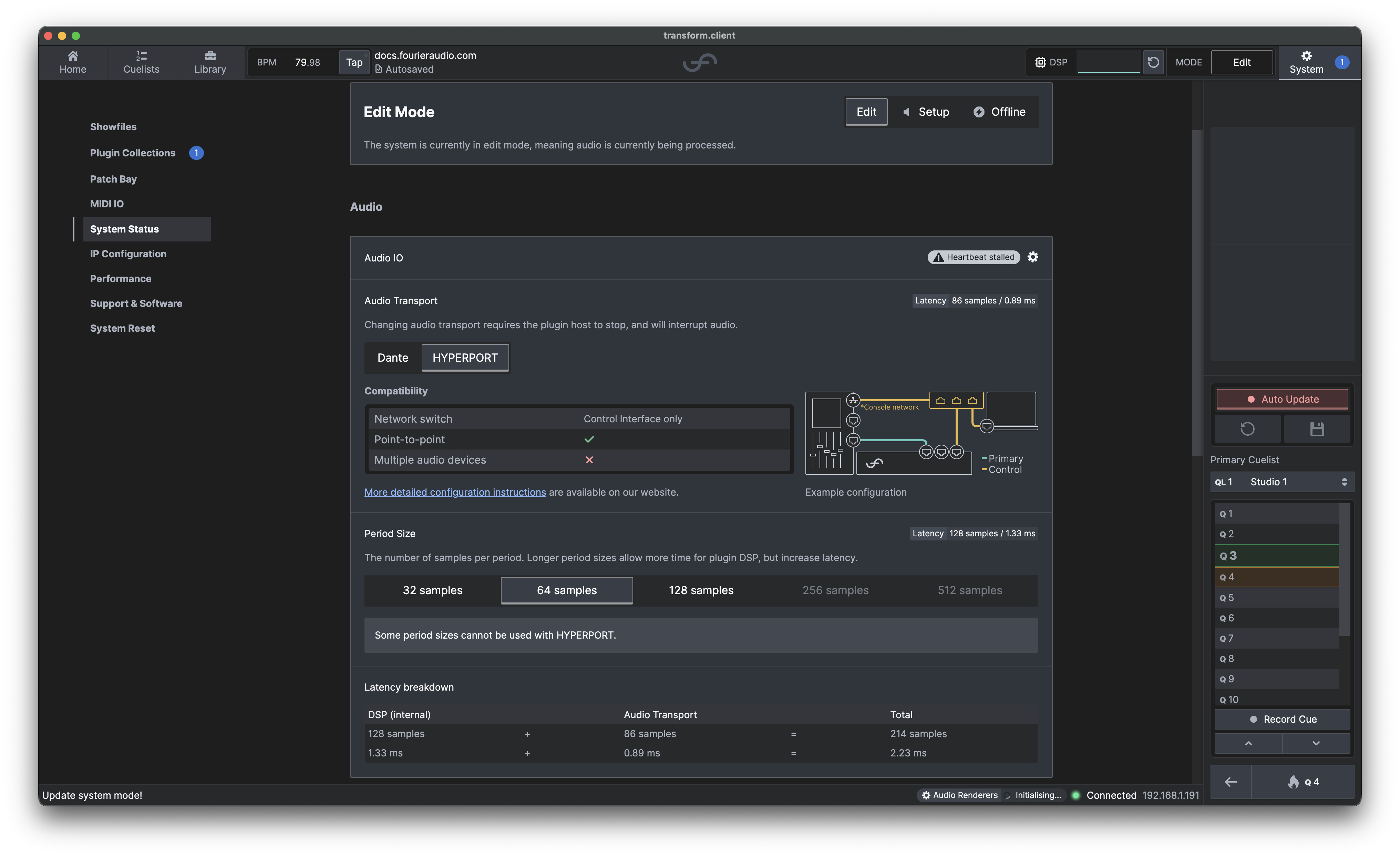 HYPERPORT in Edit Mode while the audio renderers initialise and Audio IO temporarily shows Heartbeat stalled.