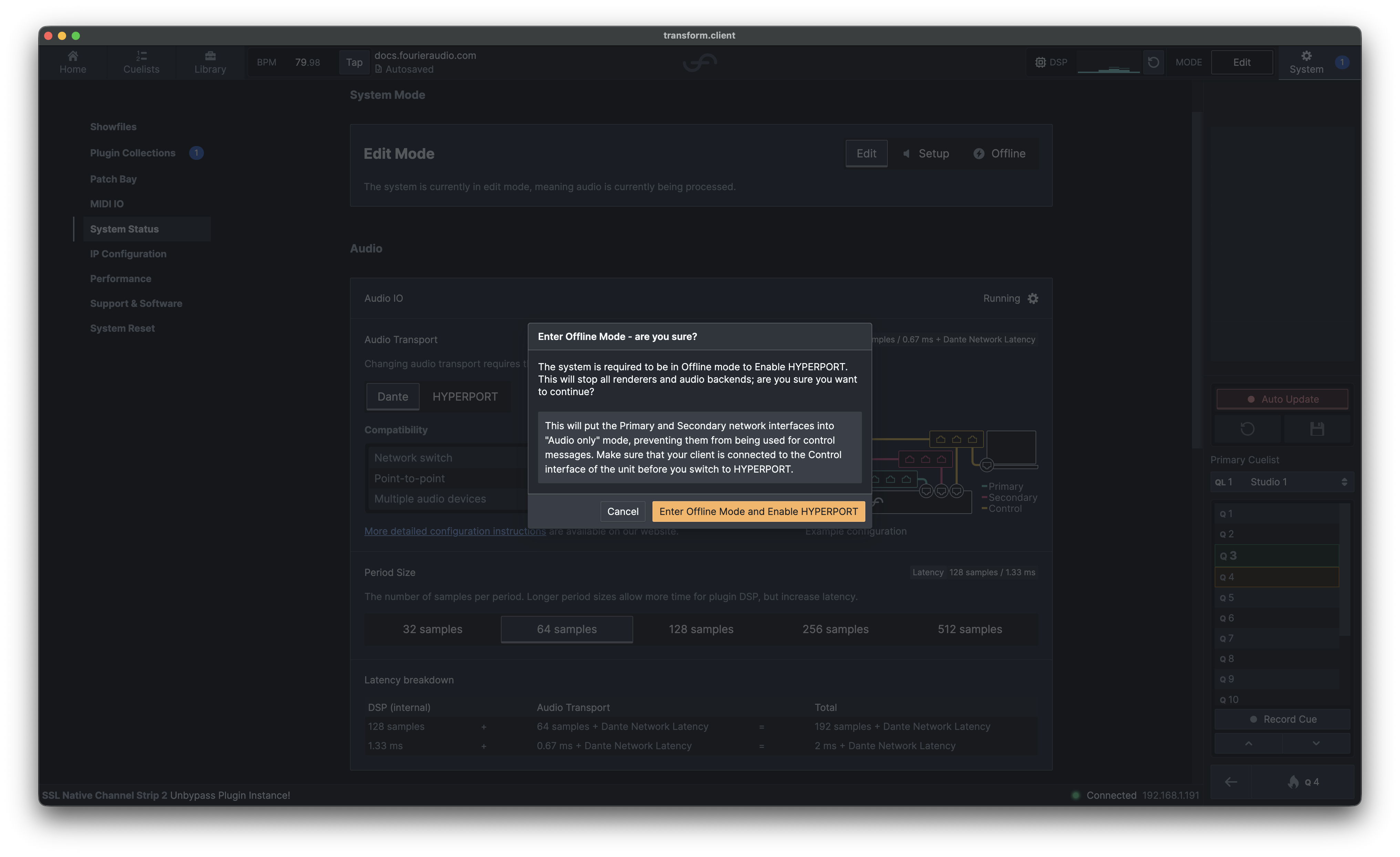 Confirmation dialog explaining that enabling HYPERPORT stops audio and requires the Control port for the client connection.