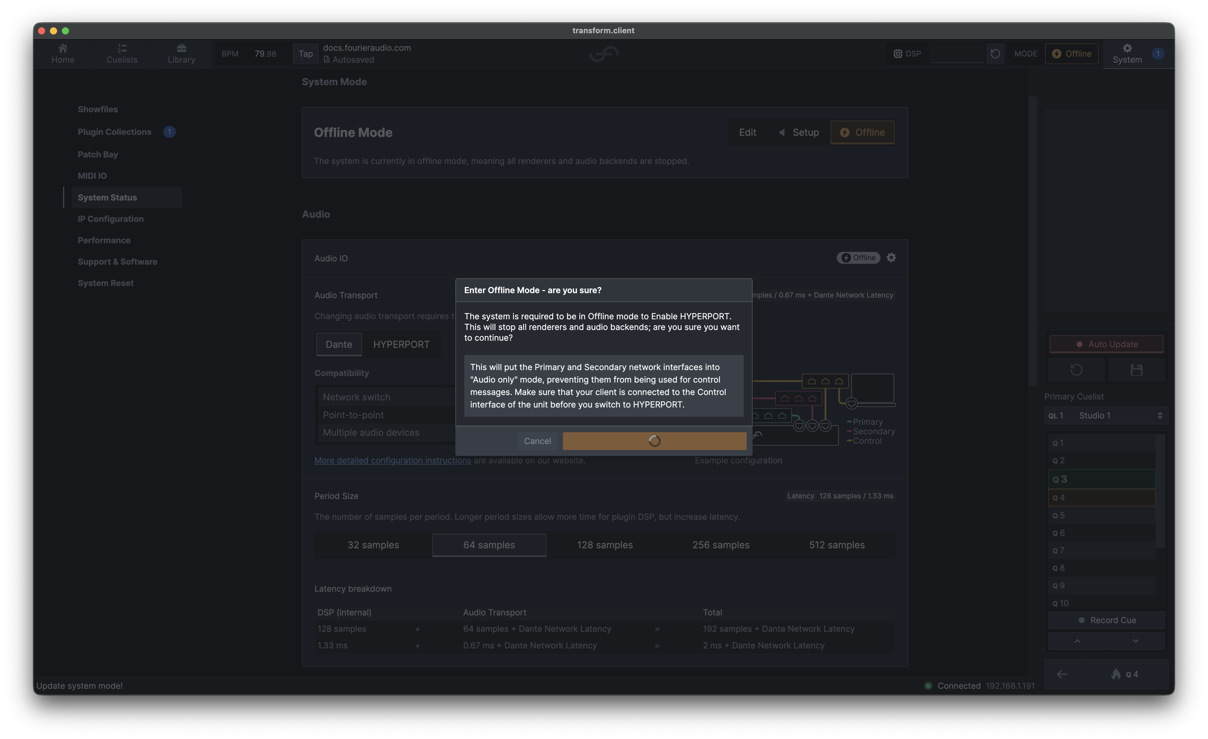 HYPERPORT confirmation dialog with a progress spinner while entering Offline Mode.