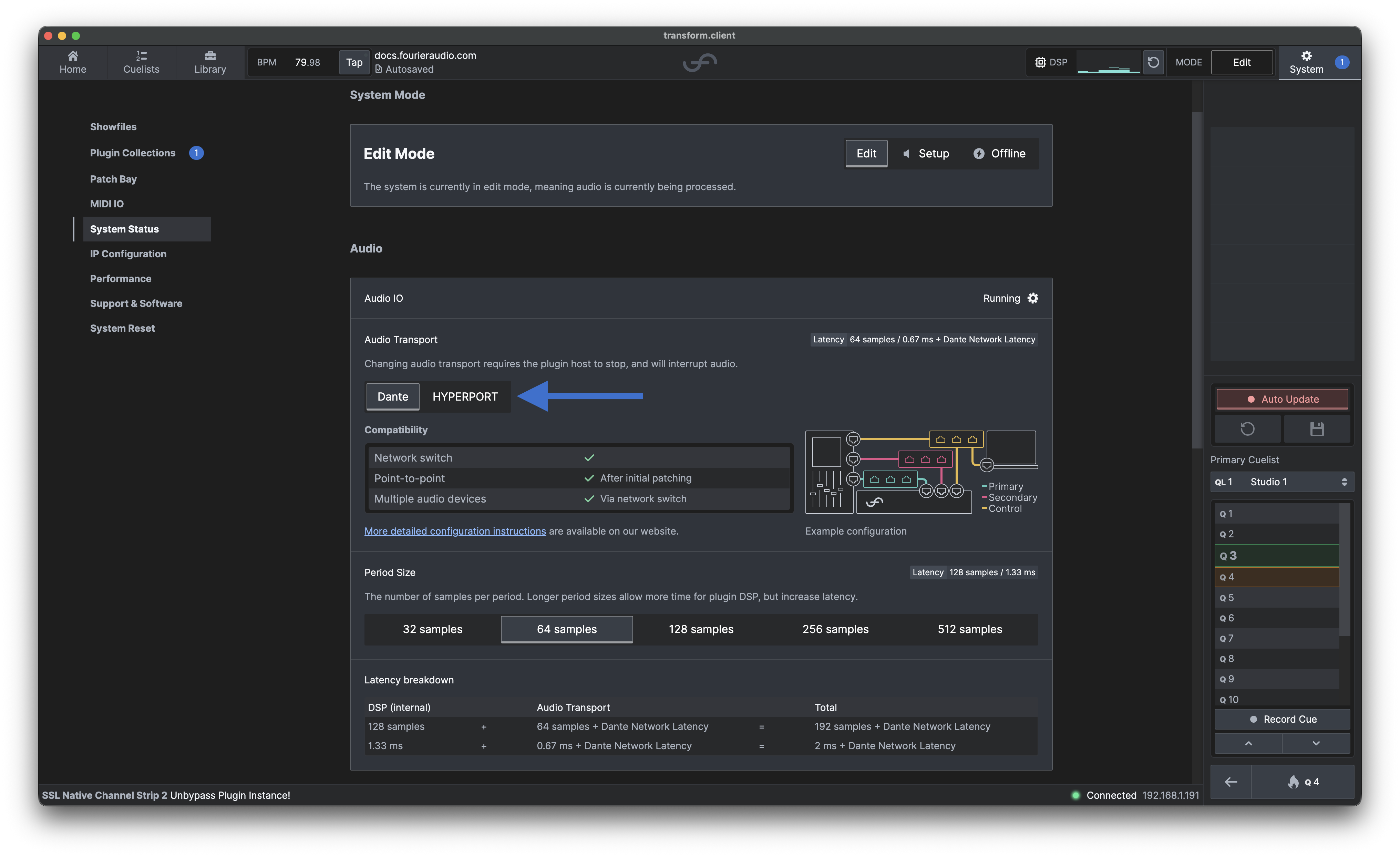 System Status with an arrow pointing to the HYPERPORT audio transport control.