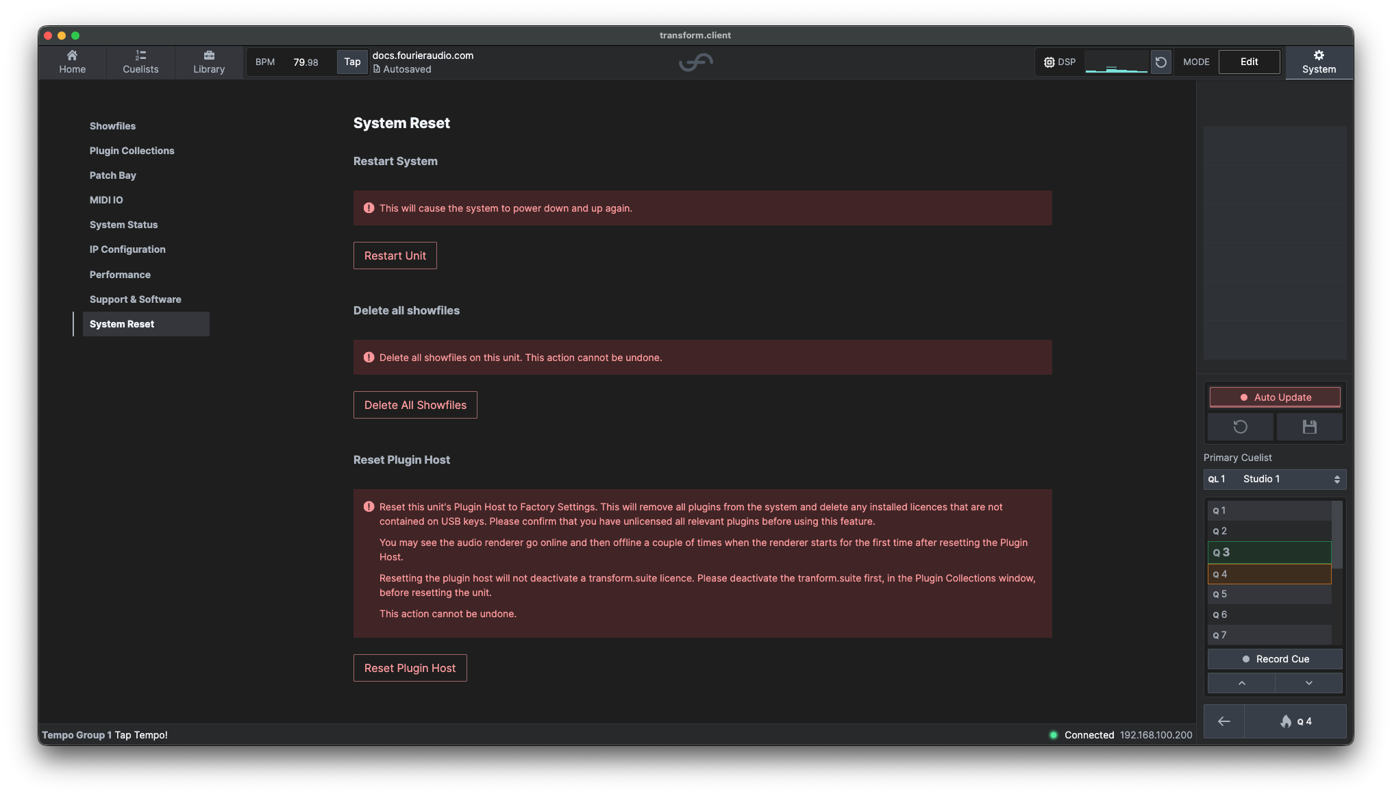 System Reset tab